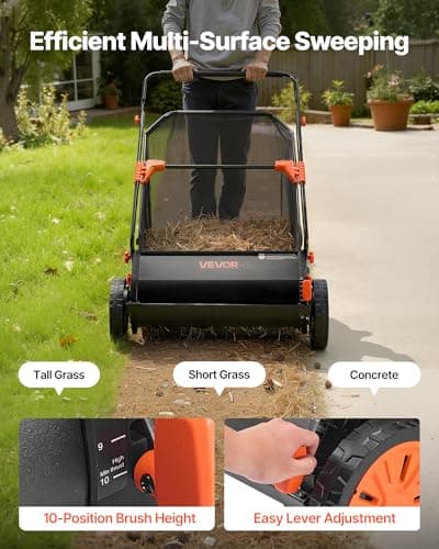 VEVOR Push Lawn Sweeper, 26 in Leaf & Grass Collector with 7 cu. ft. Hopper Bag, Adjustable Brush Height & Spinning Brushes, Heavy Duty Yard Sweeper with Rubber Wheels for Leaves Grass Cleanup — view 3