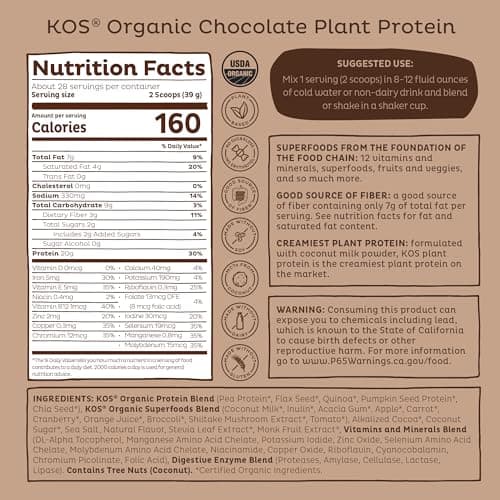 KOS Vegan Protein Powder Erythritol Free, Chocolate - Organic Pea Protein Blend, Plant Based Superfood Rich in Vitamins & Minerals - Keto, Dairy Free - Meal Replacement for Women & Men, 28 Servings — view 8
