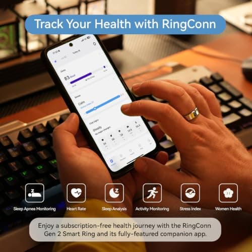 RingConn Gen 2, World’s First Smart Ring with Sleep Apnea Monitoring, No APP Subscription, 12-Day Battery Life, Stress/Heart Rate/Women's Health Tracker, Android & iOS Compatible (Gold, Size 9) — view 2