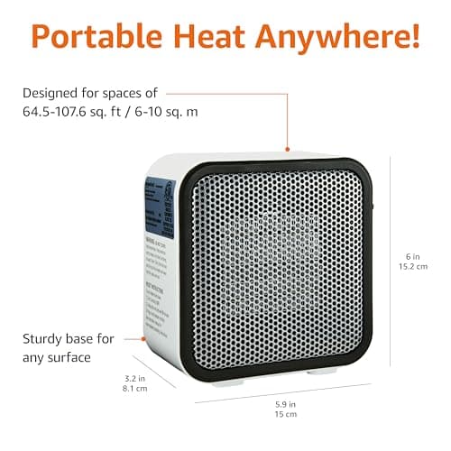 Amazon Basics Ceramic Space Heater, Portable Mini Heater for Office Desk, 500W, With Tip-Over Protection, Lightweight 1.4 lbs, White, 5.9"D x 3.2"W x 6"H — view 2
