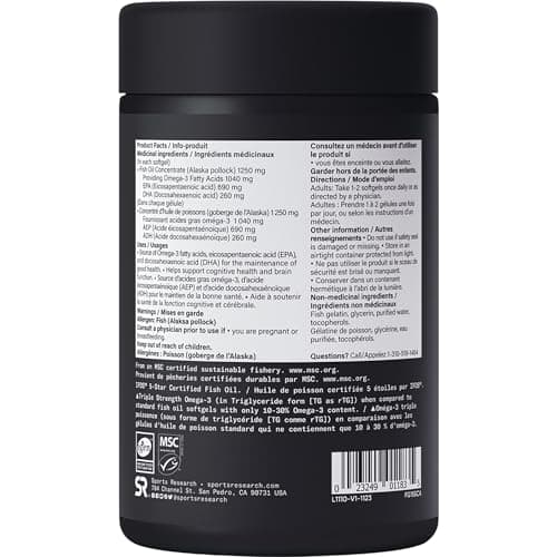 Sports Research Triple Strength Omega 3 Fish Oil - Burpless Fish Oil Supplement w/EPA & DHA Fatty Acids from Wild Alaskan Pollock - Heart, Brain & Immune Support for Men & Women - 1250 mg, 90 ct
