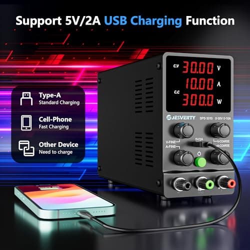 Jesverty DC Power Supply Variable, 0-30V 0-10A Adjustable Switching DC Regulated Bench Power Supply with High Precision 4-Digit LED Display, 5V/2A USB Port, Coarse and Fine Adjustment SPS-3010 — view 3