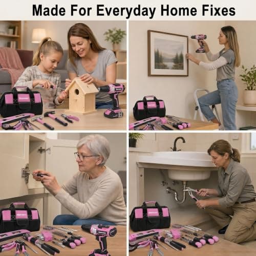 Bielmeier 20V 236Pcs Cordless Pink Drill Set for Women, Lady’s Essential Home Tool Kit with Pink Bag, Perfect DIY Electric Screwdriver Set for Home Repair & Gifts — view 3
