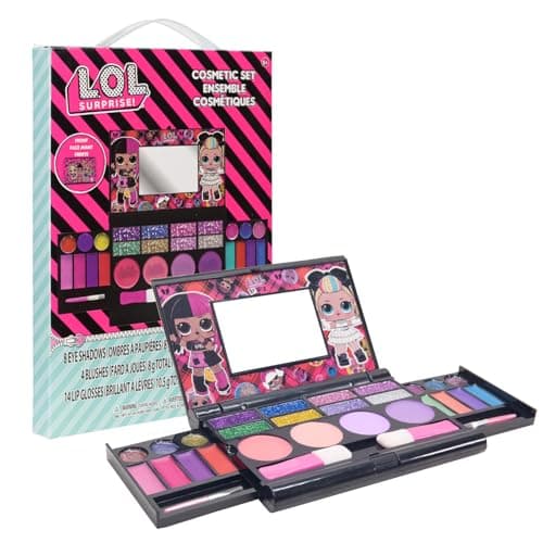 L.O.L Surprise! All-in-One Kids Cosmetic Compact Set Includes Washable Lip Gloss, Eye Shimmer, Cheek Shimmer, Brushes Colorful Portable Beauty Set for Girls, Kids, and Toddlers Ages 5+ by Townley Girl