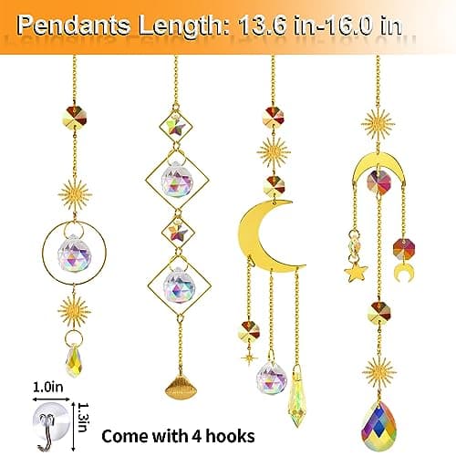 Sun Catchers Indoor Window - 4Pcs Colorful Crystal Suncatchers with 4Pcs PVC Suction Cup Hooks, Hanging Suncatcher for Window with Chain Pendant Ornament, Prism Suncatcher for Home Garden Decoration — view 4