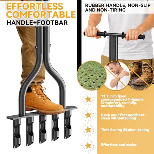 CATMANOR Hollow Tine Lawn Aerator, Heavy Duty Aerator Lawn Tool with 5 Steel Core Tines and Rubber Grip, Manual Core Aerators for Loosening Soil and Improving Lawns Drainage — view 5