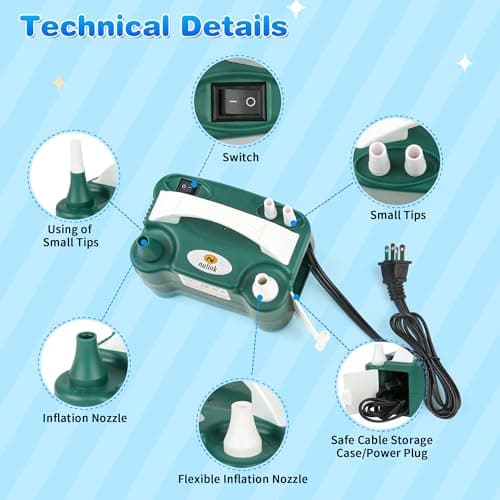 NuLink Balloon Pump Electric Portable Dual Nozzle Air Pump for Balloons Blower Pump Inflator for Decoration, Birthday Party [110V~120V, 600W, Dark Green] — view 2