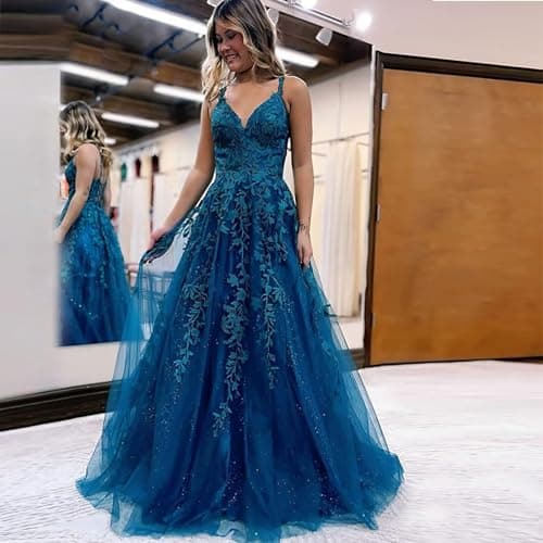 Pairuodas Tulle Lace Appliques Prom Dresses Long Spaghetti Straps A-Line Ball Gown V Neck Formal Evening Party Dress, Burgundy, 6 — view 5