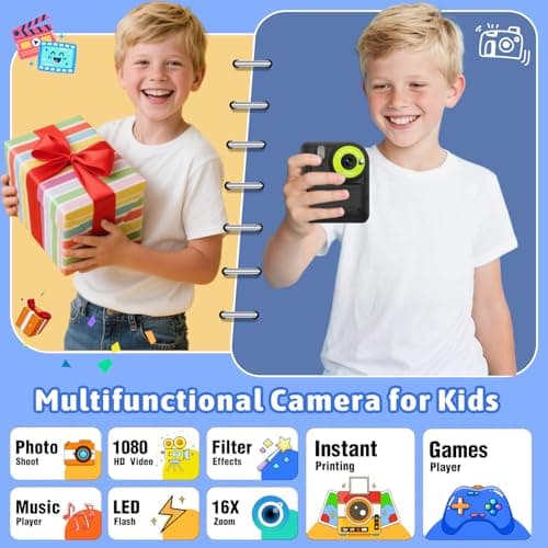 Okaloka Kids Instant Print Camera Toys,1080P HD Toddler Digital Video Camera,Christmas Birthday Gifts for Girls Boys Age 3-12 Year Old - 32G SD Card Included (Black)