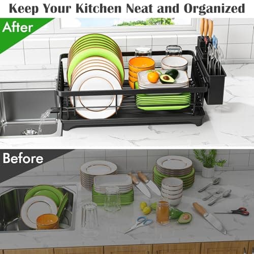 Kmiectse Dish Drying Rack - Space-Saving Small Dish Rack for Kitchen Counter, Rust-Resistant Kitchen Drying Rack, Compact Dish Drainer Organizer with Utensil Holder for Home Kitchen, Black — view 5