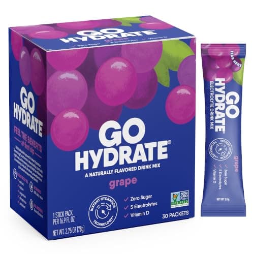GoHydrate Instant Hydration Powder Packets - Low Sodium Electrolytes Drink Mix - Natural Hydration Support, Sugar Free Electrolyte Flavored Powder Drink with Vitamin D, 30 Packs, Grape