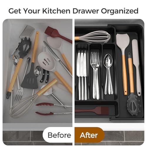 ukeetap Extra Large Expandable Silverware Organizer, BPA-Free Food-Safe Cutlery Flatware Organizer, Kitchen Utensil Drawer Organizer, Adjustable Silverware Holder for Spoons Forks Knives, Black — view 5