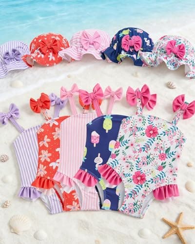 DivingBirds Baby Girl Swimsuit with Sun Hat & Headband Set, Infant Bathing Suit Summer Beach Gift 6-9 Months — view 4