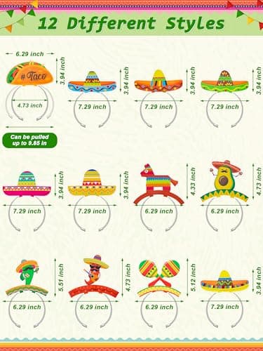 12 PCS Colorful Patterned Cardboard Sombrero Hats, Fiesta Headbands for Mexican Theme Celebration Party Favors