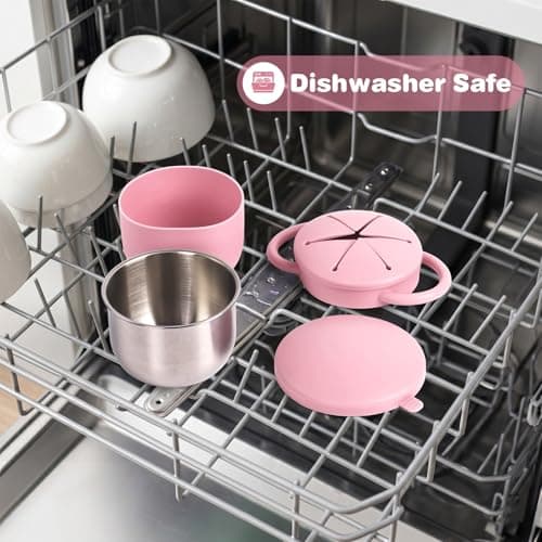 Daximo 2 Pack Toddler Snack Cups with Suction Base — 4-in-1 Detachable Stainless Steel Cups, Snack Cups for Toddlers Spill Proof with Silicone Lids & Handles (Matte Off White and Matte Pink) — view 5