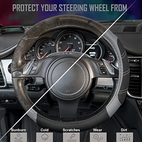 CAR PASS Line Rider Microfiber Leather Sporty Steering Wheel Cover Universal Fits for 95% Truck,SUV,Cars,14.5-15inch Anti-Slip Safety Comfortable Desgin (Black-Gray) — view 3