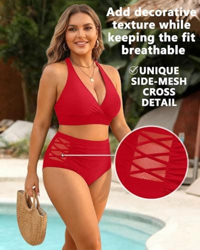 Yonique Womens Plus Size Bikini High Waisted Swimsuits Two Piece Bathing Suits Tummy Control Swimwear, Red, 18 Plus — view 3