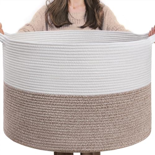 INDRESSME XXXLarge Cotton Rope Basket 21.7" x 21.7" x 13.8" Woven Laundry Basket for Blankets, Storage Basket with Handle Comforter Cushions Storage Bins Thread Laundry Hamper
