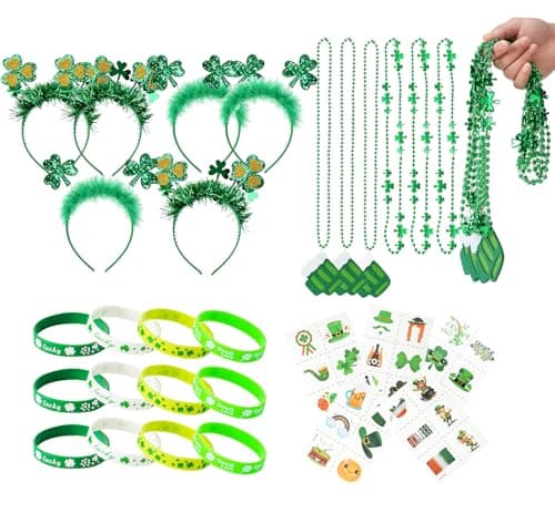 Yunfan 29Pack St Patricks Day Accessories St Patricks Day Decorations Green Shamrock Clover Necklaces Headbands Bracelets Tattoo Stickers for Leprechaun Costume Accessories Irish Party Supplies