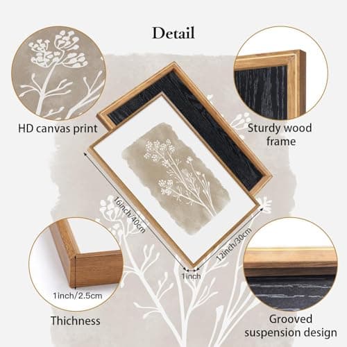 CHDITB Botanical Farmhouse Wall Art Set, Framed Boho Plant Wall Decor, Neutral Minimalist Floral Wall Painting, Rustic Wildflower Canvas Art Prints for Living Room, Bedroom, Bathroom - Large 16"x24"x3 — view 6