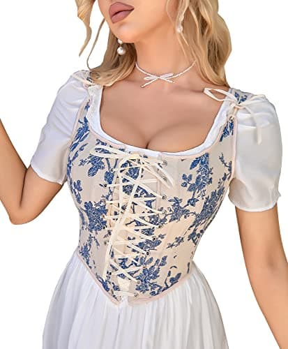 Alivila.Y Fashion Womens Sexy Vintage 1920s Renaissance Lace Trim Corset Bustier 22028-Bluewhite-L