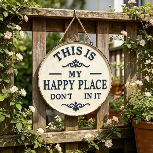 Happy Place – Vintage Statement Metal Sign, This is My Happy Place Don't Fuck It Up Round Garden Wall Decor, Hanging Signs & Plaques, Funny Home Decorative for Front Door 12in — view 4
