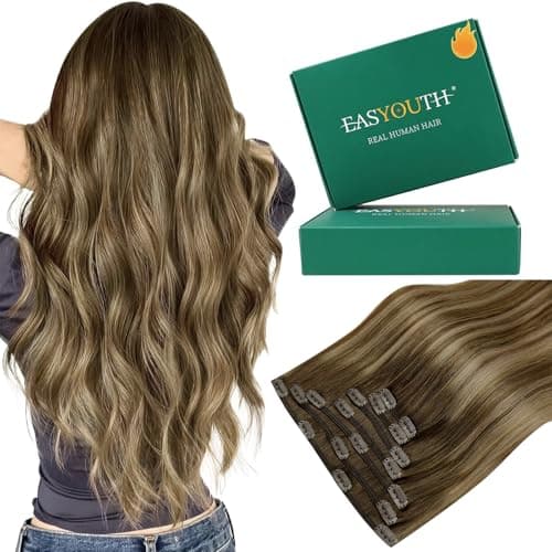 Easyouth Balayage Clip in Hair Extensions Seamless Real Human Hair Clip in Extensions Dark Brown Fading to Caramel Blonde Mix Brown Balayage Human Hair Extensions Clip ins 12 Inch 80G 7Pcs
