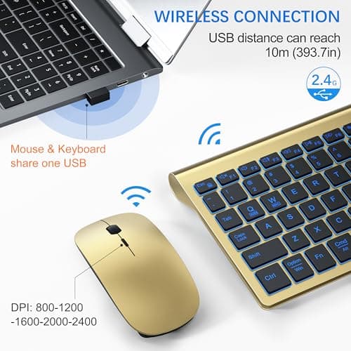 Wireless Backlit Keyboard and Mouse Ultra Slim Combo, TopMate 2.4G Silent Compact 2400DPI Mouse and Scissor Switch Keyboard Set, Batteries Included, for PC/Laptop/Windows/Mac/Gaming - BL Gold Black — view 3