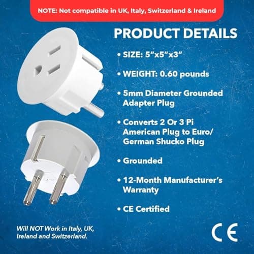 OREI American USA To European Plug Adapter – Type E/F Schuko Plug Adapter - Use in Germany, France, & More - CE Certified – For Mobile, Laptop & Camera Chargers - 6 Pack — view 4