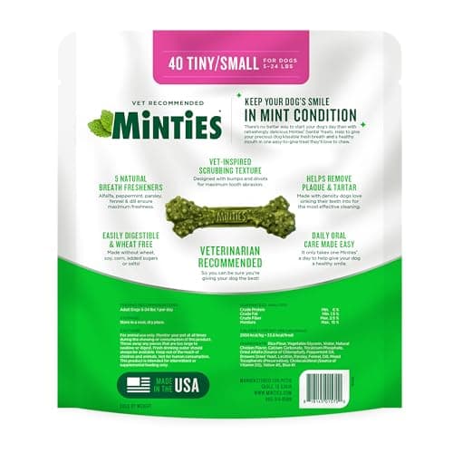 Minties Dog Dental Bone Treats, Tiny/Small Dental Dog Treats, 16 Ounces, Cleans Teeth, Fight Bad Breath, Removes Plaque and Tartar, 40 Count — view 6