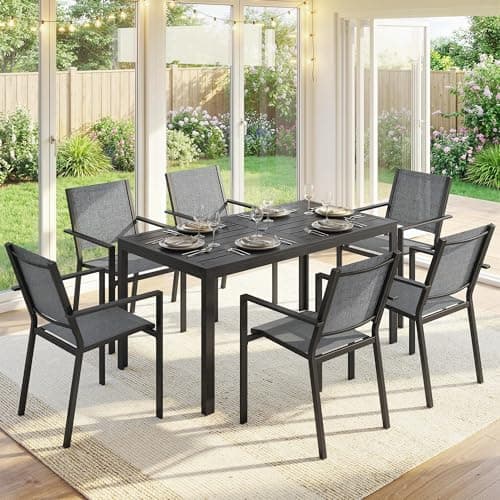 Outsunny 7 Pieces Outdoor Dining Set for 6, Rectangle Wood Effect Metal Patio Table and Mesh Stackable Chairs with Umbrella Hole, Patio Furniture Set for Garden, Yard, Black — view 8