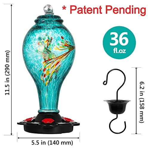 LUJII Hand Blown Glass Hummingbird Feeder for Outdoors Hanging, Leakproof, Never Fade, 36 fl.oz, 5 Feeding Metal Stations, Much Bigger, Garden Backyard Decoration, Great Gift for Bird Lover, Blue — view 5
