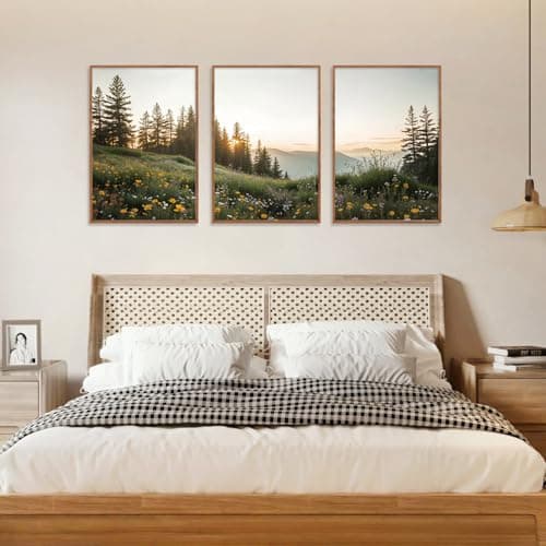HPNIUB Mountain Canvas Wall Art Set, Framed Forest Nature Wall Decor, 3 Piece Landscape Paintings Artwork, 16x24 Inches Wildflower Pictures for Living Room, Bedroom, Office — view 4