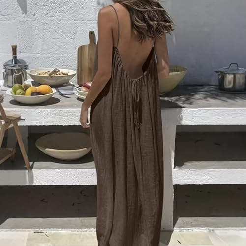 Summer Dresses for Women Backless Cami Dress Spaghetti Stra Flowy Moomoo House Dress Low Back Maxi Beach Vacation Sundress Coffee — view 2