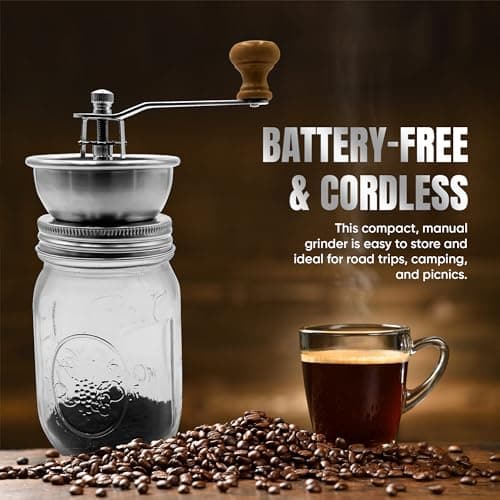 Stainless Steel Coffee Grinder Lid Attachment for Regular Mouth Mason Jars - Manual Crank Burr Grinder for Fresh Coffee, Ideal for Camping, Home Barista, Rust Proof Ceramic Mechanism — view 3