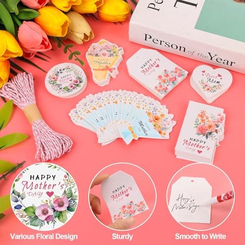CCINEE 120pcs Mothers Day Gift Tags,Floral Happy Mother's Day Hanging Tag with String Best Mom Label for Mother Party Decoration — view 2