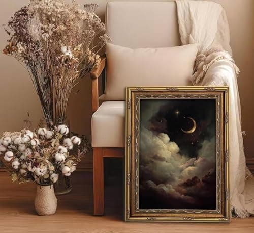 Vintage Gold Framed Celestial Wall Art, Moody Moon and Stars Gothic Painting Canvas Print, Dark Academia Wall Decor,Mystical Celestial Poster Artwork, for Living Room Bedroom Bathroom — view 4