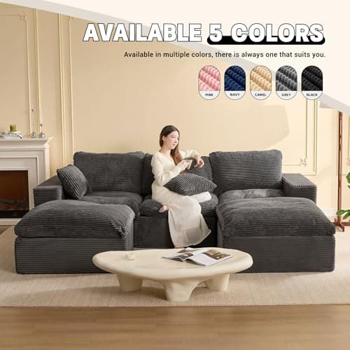 EJC 106.3” Sectional Couches for Living Room, Set of Cloud Couch, Modular Sectional Sofa, Convertible Sofas Bed, Deep Seat Sofa, U Shaped Cozy Sofa Furniture Set, Corduroy, Gray — view 4