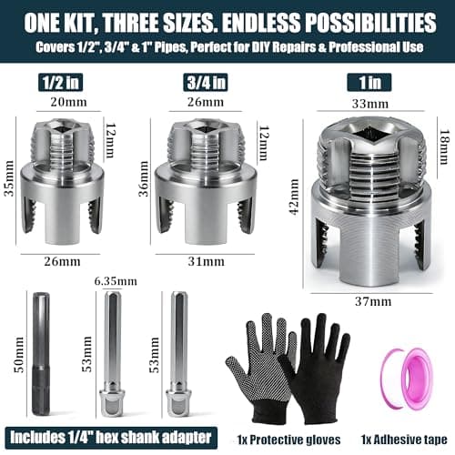 3PCS PVC Pipe Threader Kit, 1/2" 3/4" 1" Pipe Threading Tool Integrated Internal & External Threader with Hex Shank, Electric Drill Compatible Carbon Steel Thread Cutter for Plumbing Pipefitter Repair