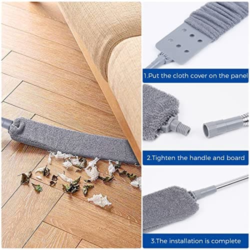 Retractable Gap Dust Cleaner Cleaning Tools with 2 Microfiber Dusting Cloths Long Handle 60inches Washable and Retractable Duster Brush for Cleaning Under Appliances Furniture Couch Fridge — view 4