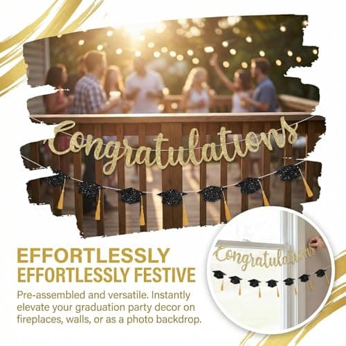 Graduation Decorations 2026, Congratulations Banner Grad Decorations Class Of 2026, Gold Glitter Graduation Banner with Tassels Congrats Decor for Prom Party, College, High School (Assembled) — view 2