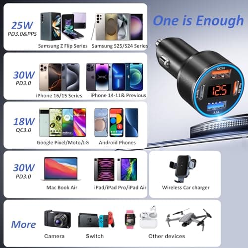 3 Pack USB C Car Charger, 4-Port 65W Dual 12V USB-A & USBC Cigarette Lighter Adapter Plug with Voltmeter PD/QC 3.0 Fast Charging Car Phone Charger for iPhone 17 16e 15 14 13 12 Pro Max, Android-Black — view 5