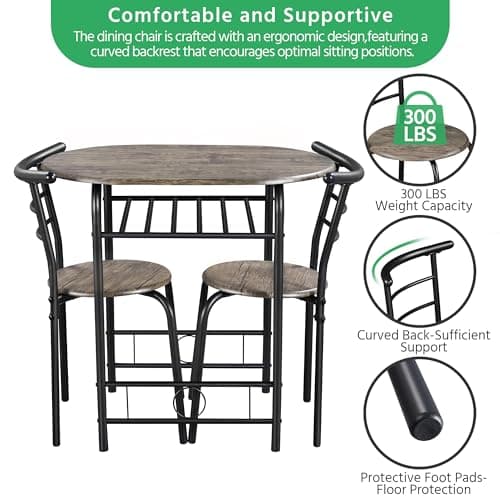 Yaheetech 3-Piece Dining Table Set, Kitchen Table & Chair Sets for 2, Compact Table Set w/Steel Legs, Built-in Wine Rack for Breakfast Nook, Small Space, Apartment, Drift Brown — view 3