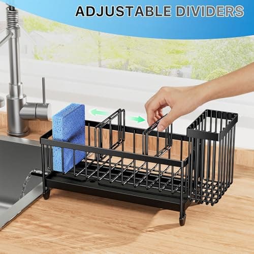 Cisily Sponge Holder for Kitchen Sink, Sink Caddy Organizer with High Brush Holder, Kitchen Countertop Organizers and Storage Essentials, Rustproof 304 Stainless Steel (Black, 9.25″) — view 3