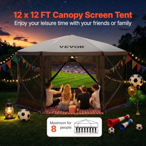 VEVOR Camping Gazebo Tent, 12'x12', 6 Sided Pop-up Canopy Screen Tent for 8 Person Camping, IPX3 Water-Resistant Screen Shelter w/Portable Storage Bag, Ground Stakes, Mesh Windows, Brown & Beige