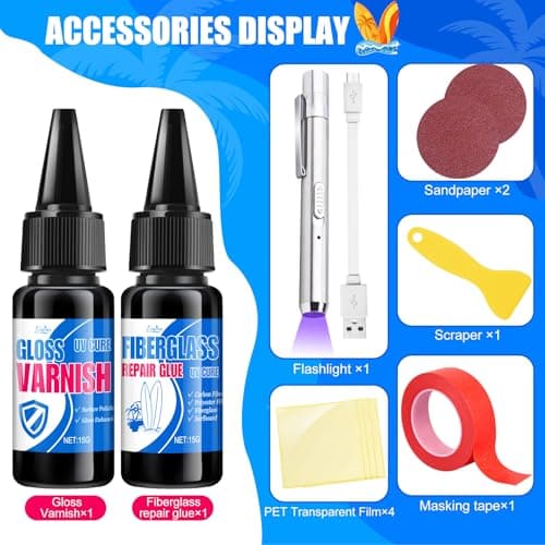 Surfboard Repair Kit - Fiberglass Repair Kit, Single Component UV Resin Repair Glue with UV Light, Gloss Varnish, Quickly Repair Scratches, Holes, and Gaps in Fiberglass, Surfboard, Carbon Fiber