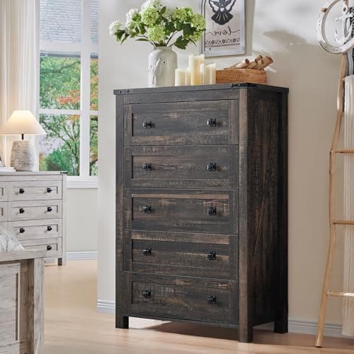 T4TREAM 48" Tall Farmhouse 5-Drawer Dresser for Bedroom, Dark Rustic Oak — view 5