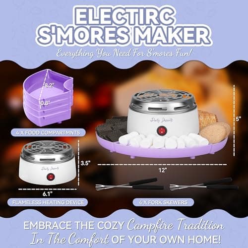 Party Desserts Electric Smores Maker Tabletop Indoor Kit, Indoor Marshmallow Roaster, Smores Station with 4 Compartment Trays & Forks, Great Gift for Adults and Kids in Holidays and Parties (Lavander) — view 3