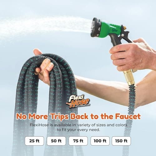 Flexi Hose with 8 Function Nozzle, 50FT - Lightweight Expandable Garden Hose, No-Kink Flexibility, 3/4 Inch Solid Brass Fittings and Double Latex Core - Black and Green
