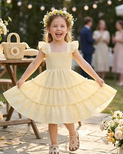 FishingDino Toddler Baby Girls Dress 1-6T, Ruffle Sleeveless Smocked Dress with Back Tie Summer Outfits Beach Sundress, Yellow 4-5T — view 2